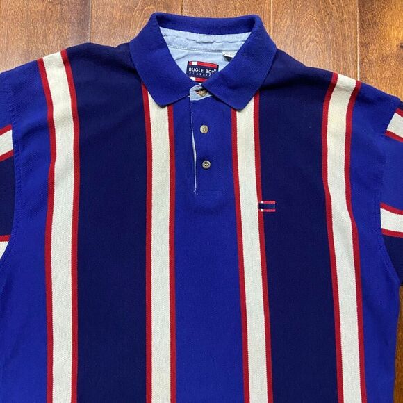 Bugle Boy Vintage 90s Blue White Red USA Striped Polo Shirt Men's Size Large - Picture 2 of 9